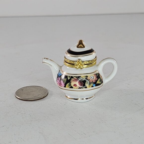 Miniature Floral Porcelain Teapot Trinket Box With Gold Trim - Picture 2 of 8